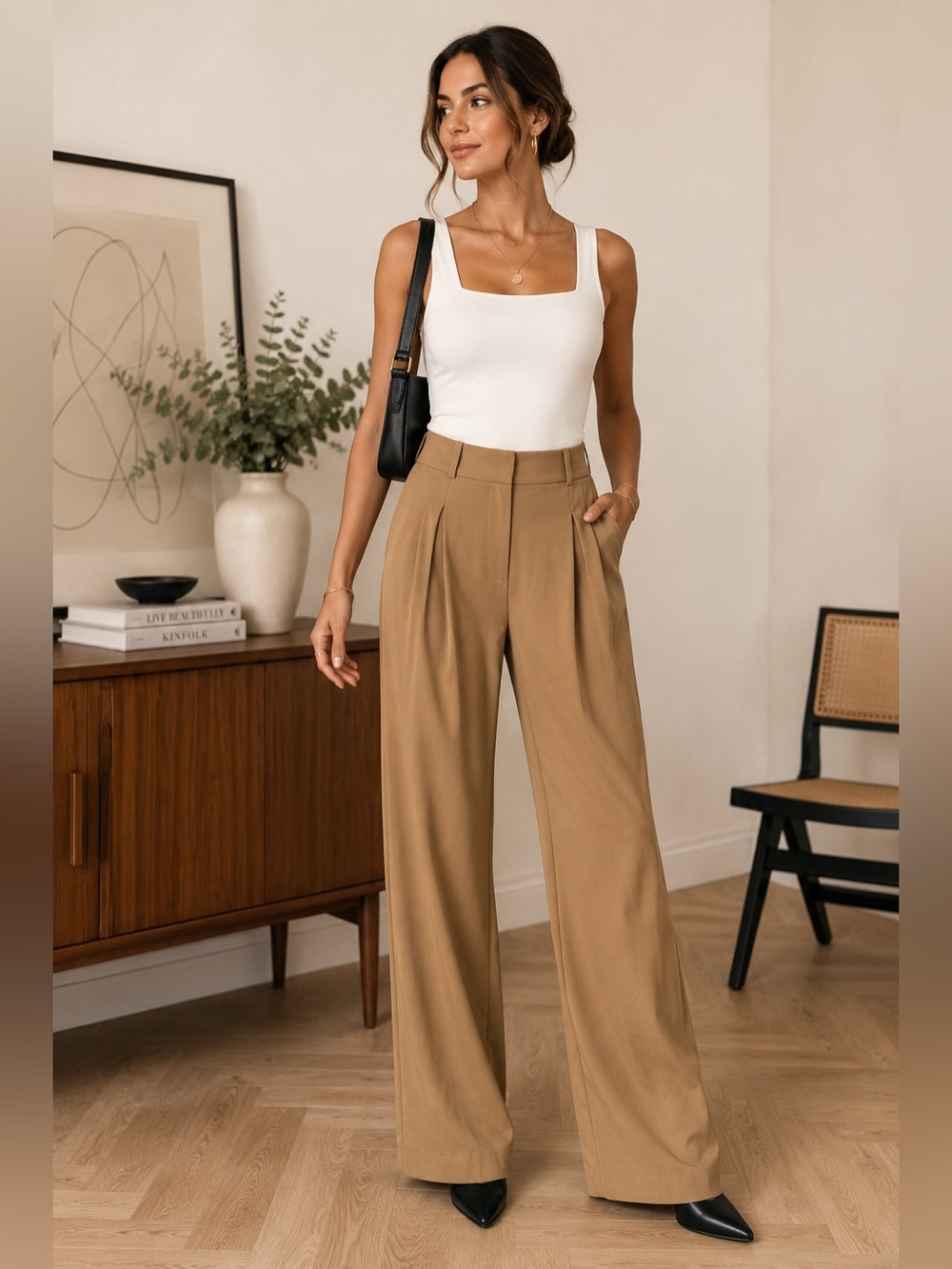 Maria Vitoria Pailillo MVP Tan Wide Leg Pleated Front High Rise Trousers Small